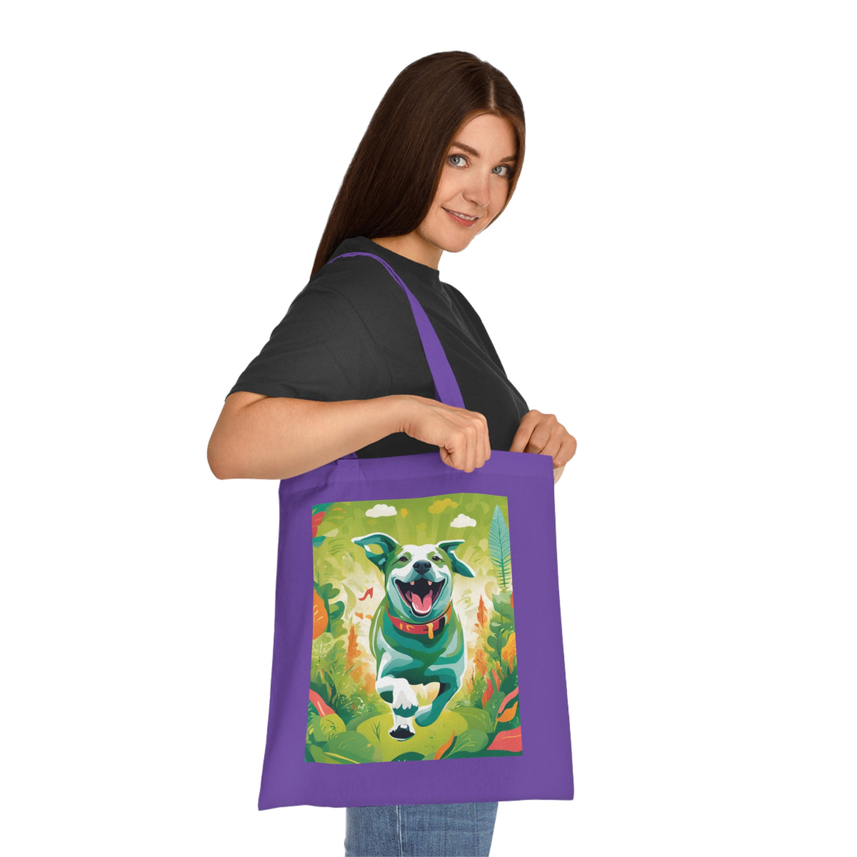 Dog art cotton tote bag size and proportion reference — 42 x 38cm with 30cm handles