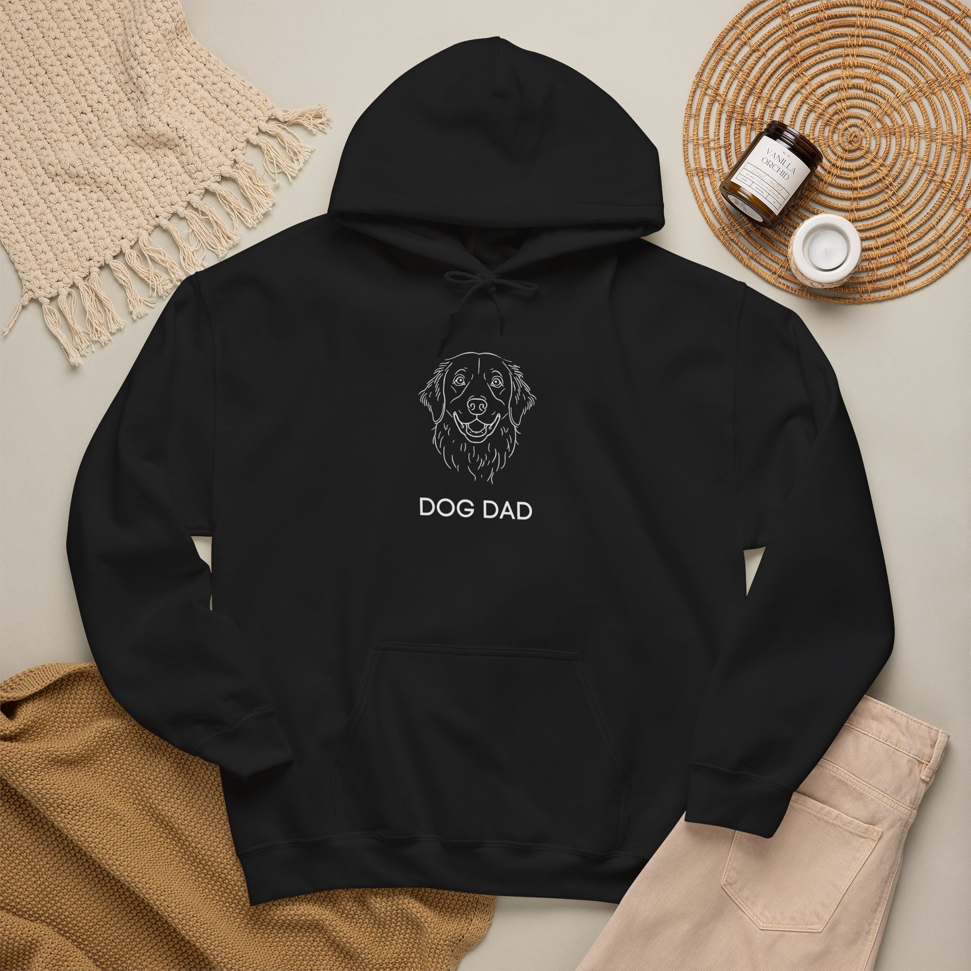 Golden Retriever Dog Dad hoodie in black with white line-art Golden and DOG DAD text
