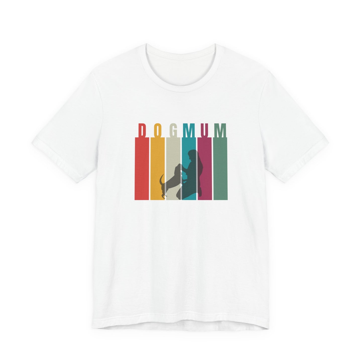 Dog Mum T-Shirt — close-up of retro DOG MUM stripe print