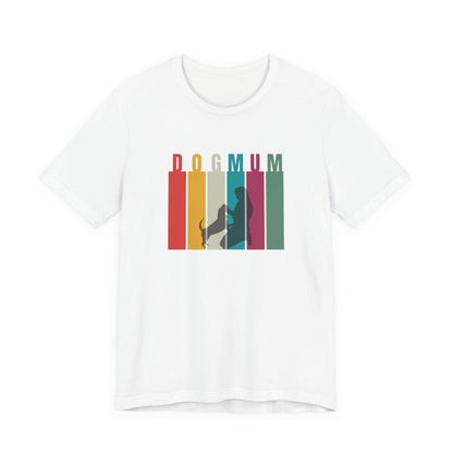 Dog Mum T-Shirt — close-up of retro DOG MUM stripe print