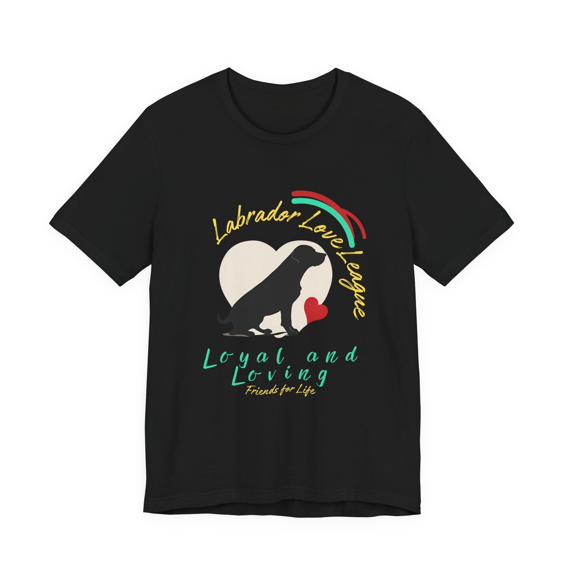 Labrador Love League t-shirt in Black — black Lab heart graphic tee, front view