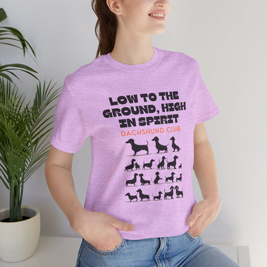 Dachshund Club t-shirt in Heather Prism Lilac — Low to the Ground High in Spirit graphic tee, front view