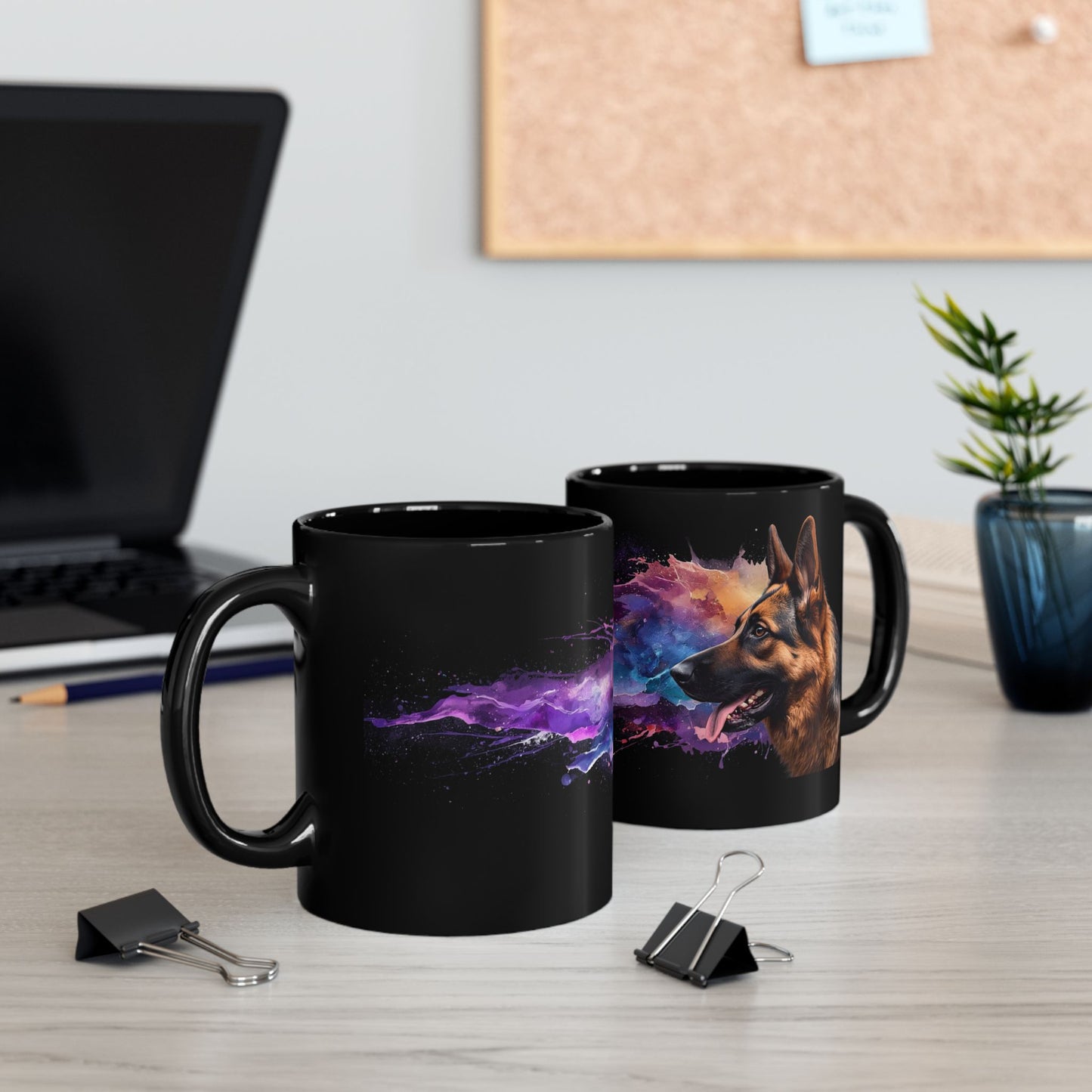 German Shepherd Galaxy Black Mug – Colorful Space Dog Coffee Cup (11oz/15oz)