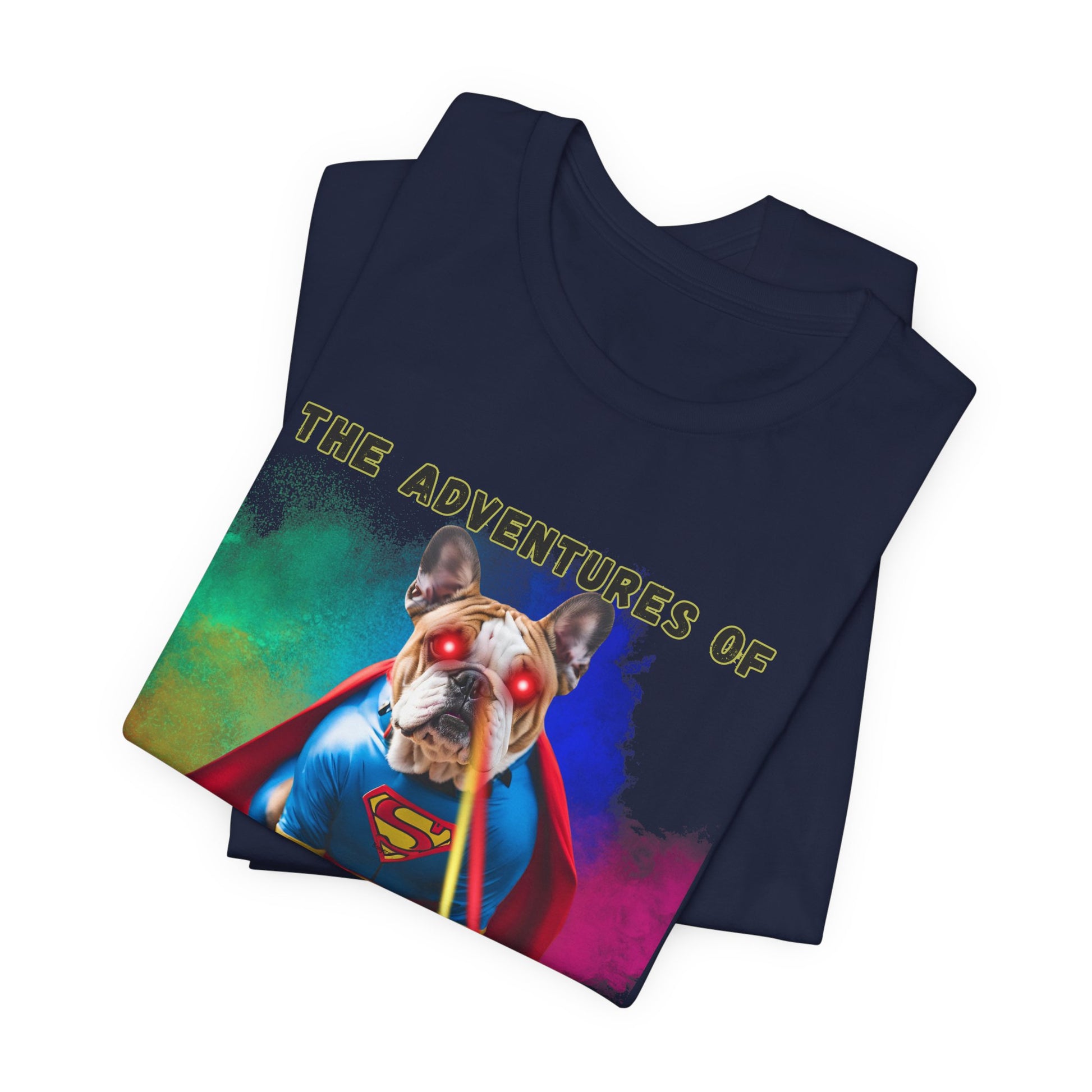 Bulldog Club Paws of Steel Navy tee — superhero bulldog graphic, zoomed to show DTG print quality — SniffWaggleNWalk™