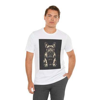 French Bulldog True Crime Night Shift t-shirt worn casually, black