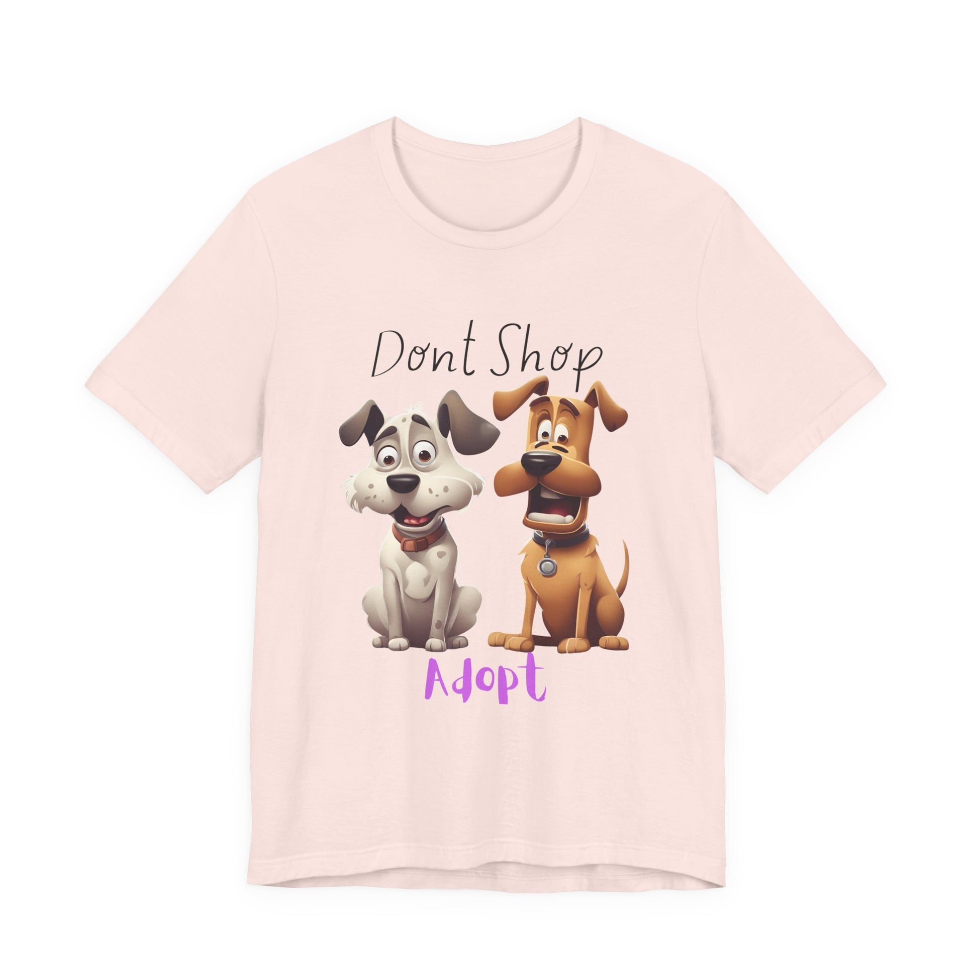 Don't Shop Adopt rescue dog t-shirt — close-up of the two cartoon rescue dogs design, Sniff Waggle And Walk