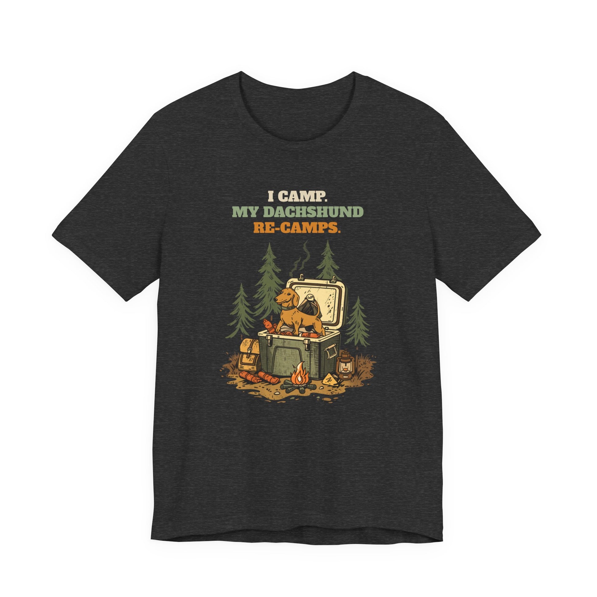 Dachshund camping tee model side pose