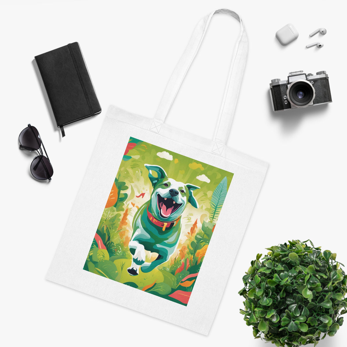 Dog art tote bag close-up showing hand-painted style illustration and cotton fabric texture