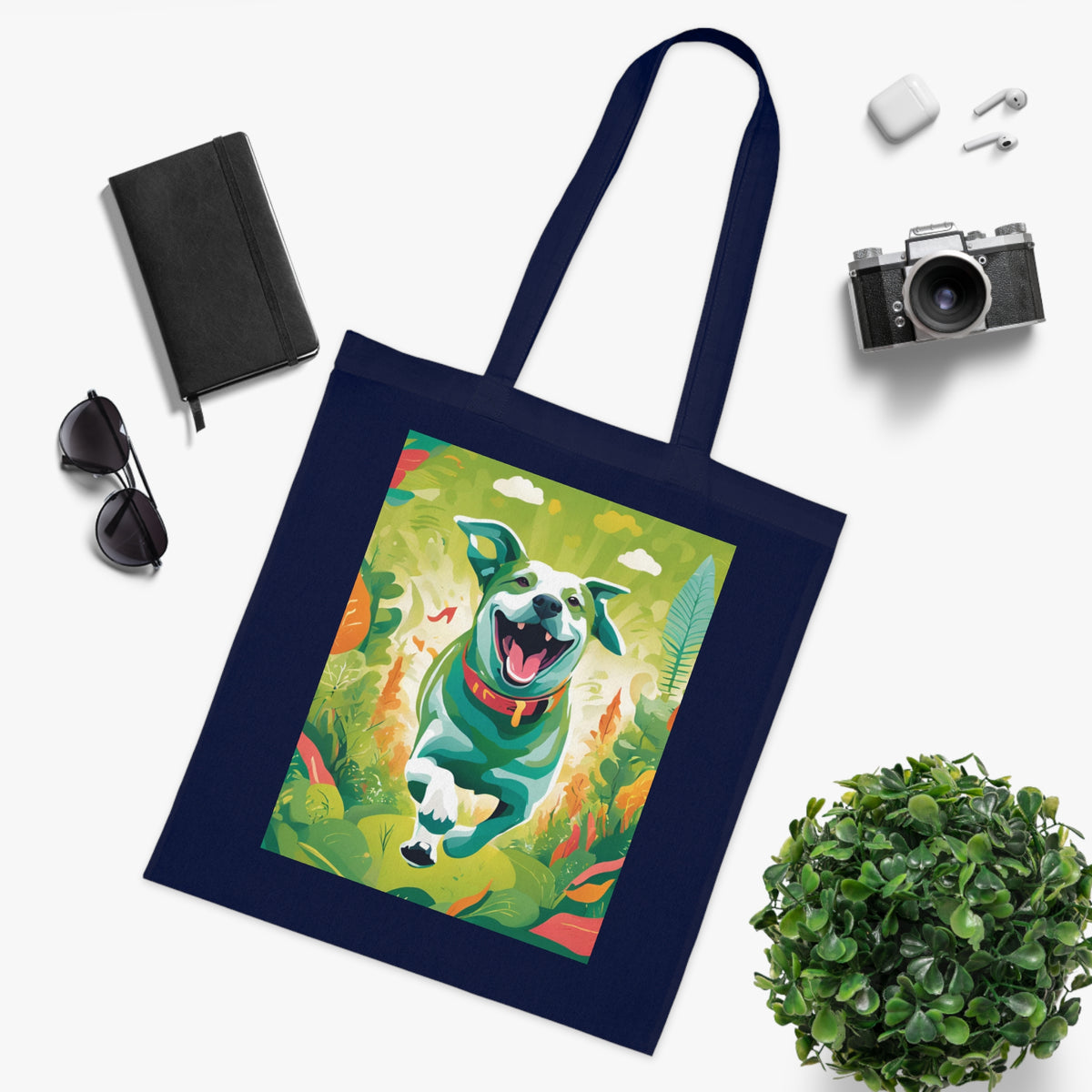 SniffWaggleNWalk™ dog art cotton tote bag with painted running dog design — front view