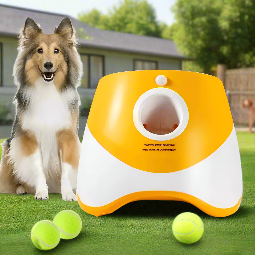 Orange and white PawFetch automatic ball launcher on grass with three 2 inch mini tennis balls in front.