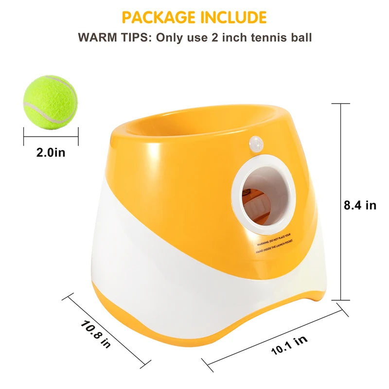 Size diagram of PawFetch automatic ball launcher with 2 inch mini tennis ball, dimensions 10.8 by 10.1 by 8.4 inches.