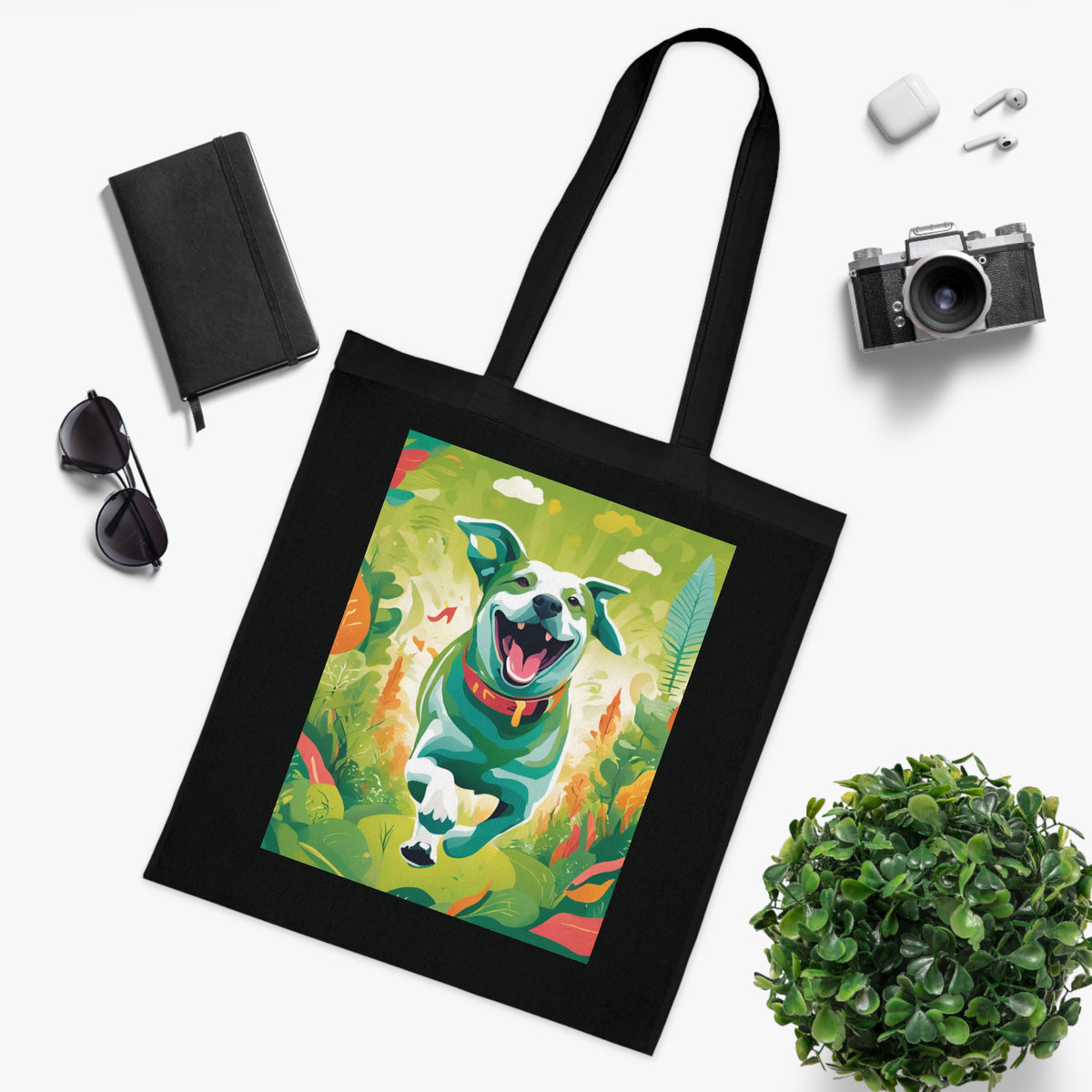 Dog art cotton tote bag showing flat corner construction and bag structure