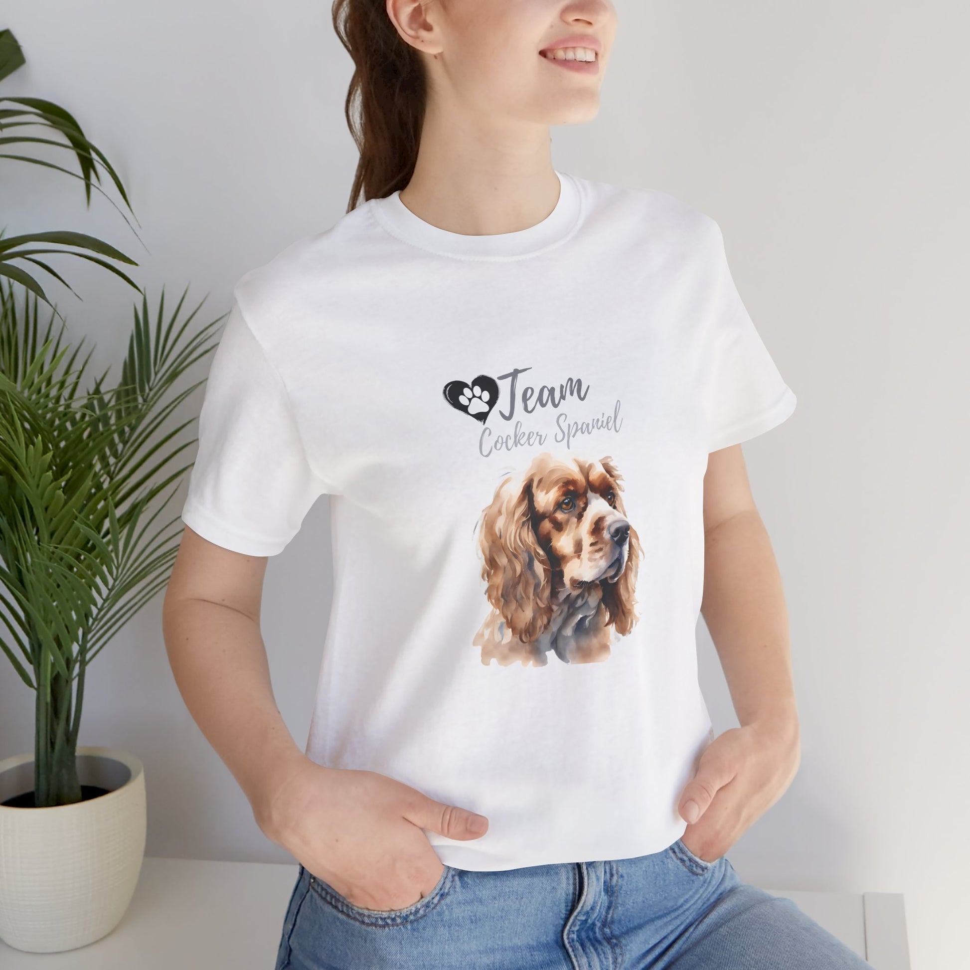 Team Cocker Spaniel watercolour t-shirt in White worn by a model, front view