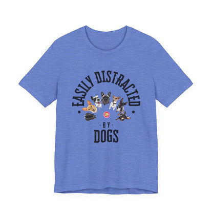 Easily Distracted by Dogs T-Shirt — Heather Columbia Blue — GOTS certified — SniffWaggleNWalk™