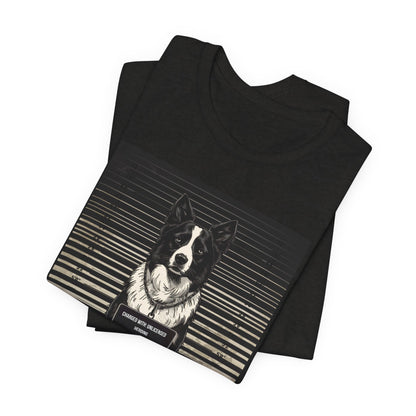 Model wearing the Border Collie True Crime Night Shift tee, front pose