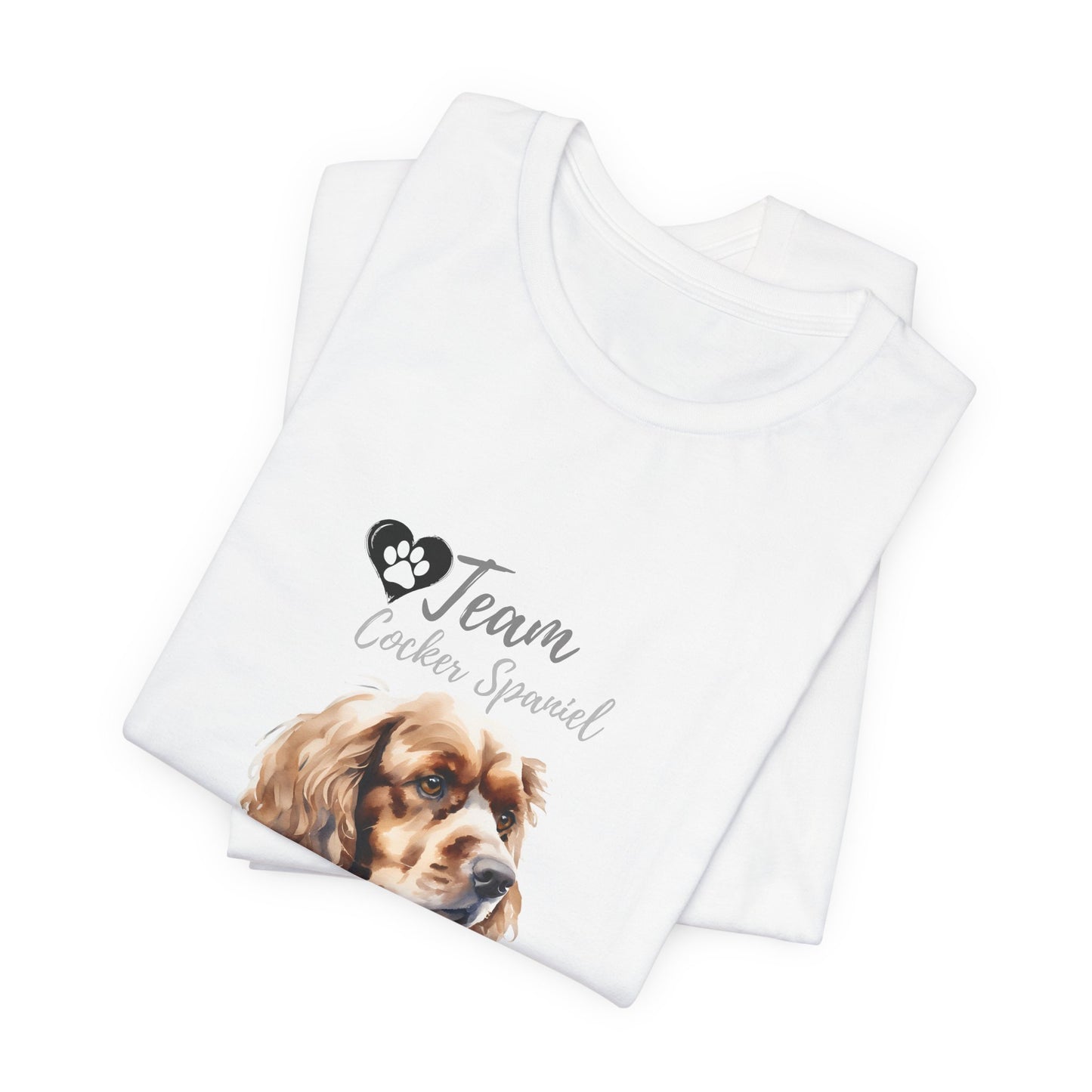Team Cocker Spaniel watercolour t-shirt in White, folded view showing print
