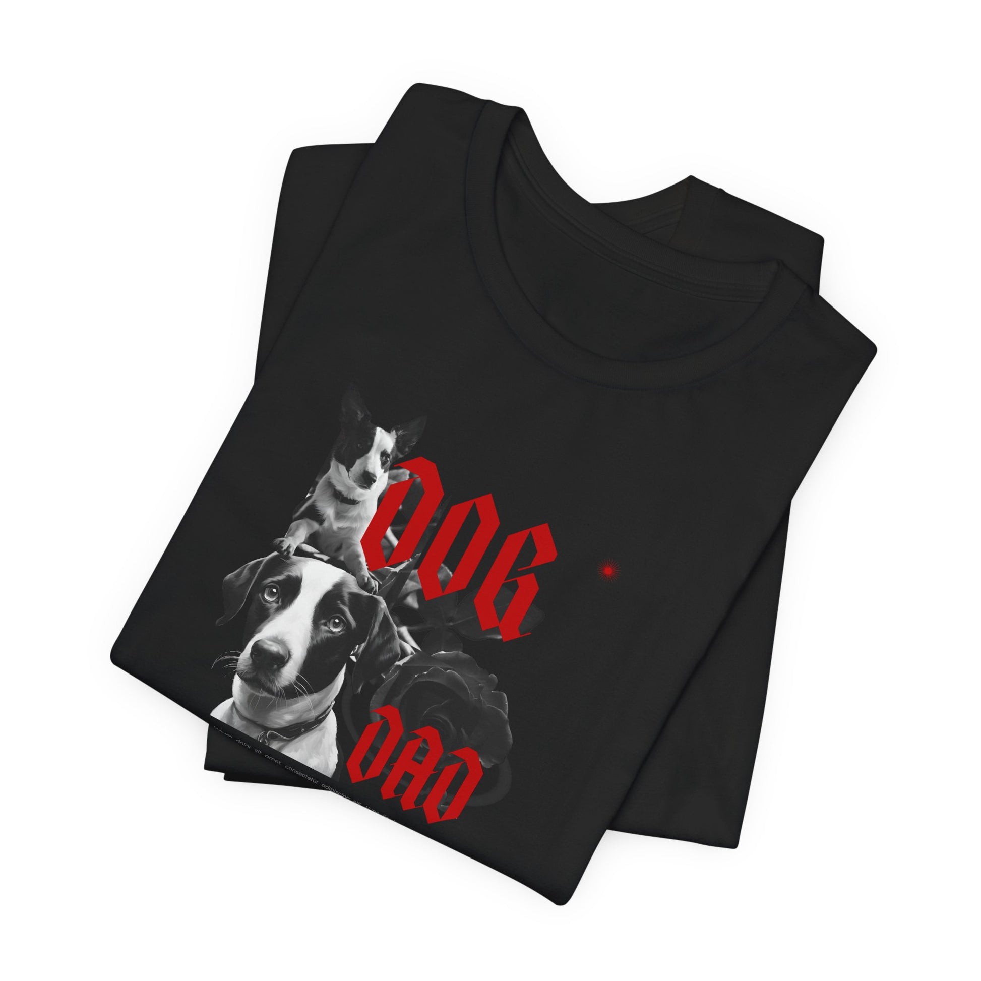 DOG DAD t-shirt design close-up of red lettering and dog photography