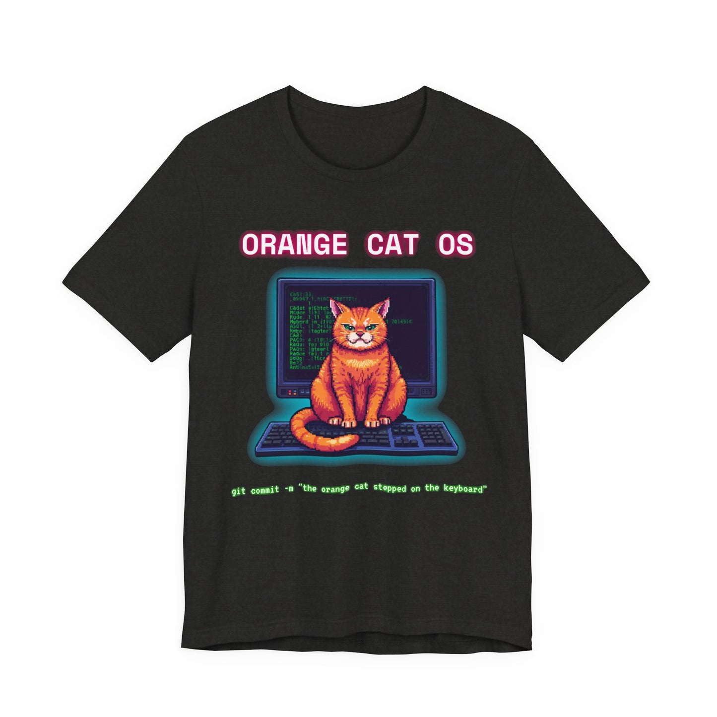 Orange Cat OS T-Shirt — Retro Computer Cat Tee ("Orange Cat OS" with keyboard caption)