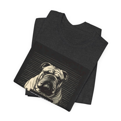 Model wearing the Bulldog True Crime Night Shift tee, dark grey heather