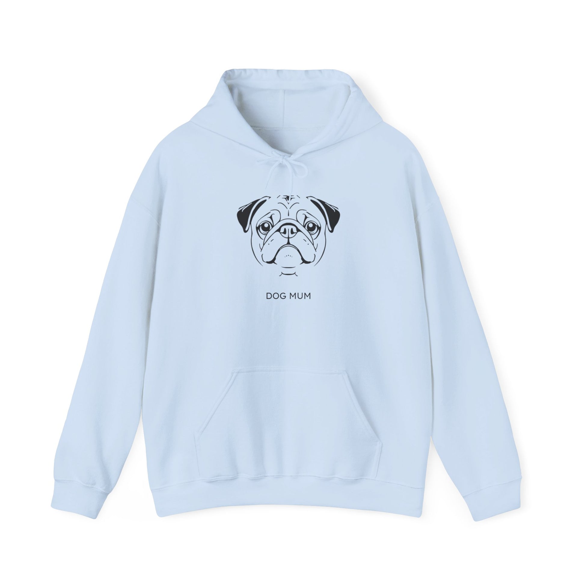 Pug Dog Mum line art hoodie laid flat