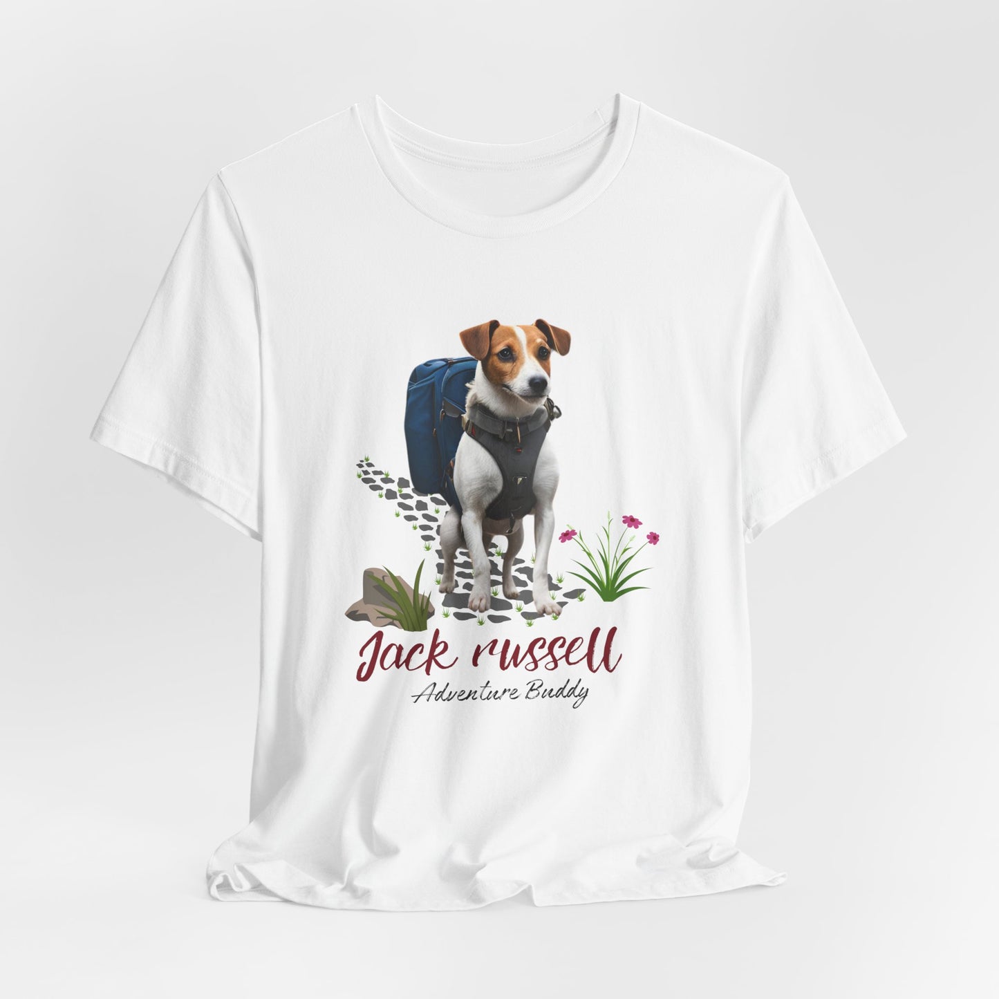 White Jack Russell Adventure Buddy graphic tee draped flat showing backpack dog design