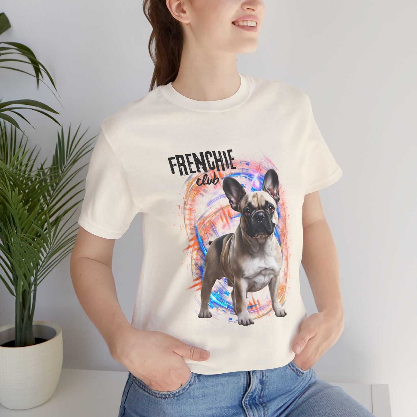 Join the Frenchie Club t-shirt — White, flat lay, funny French Bulldog design by SniffWaggleNWalk™