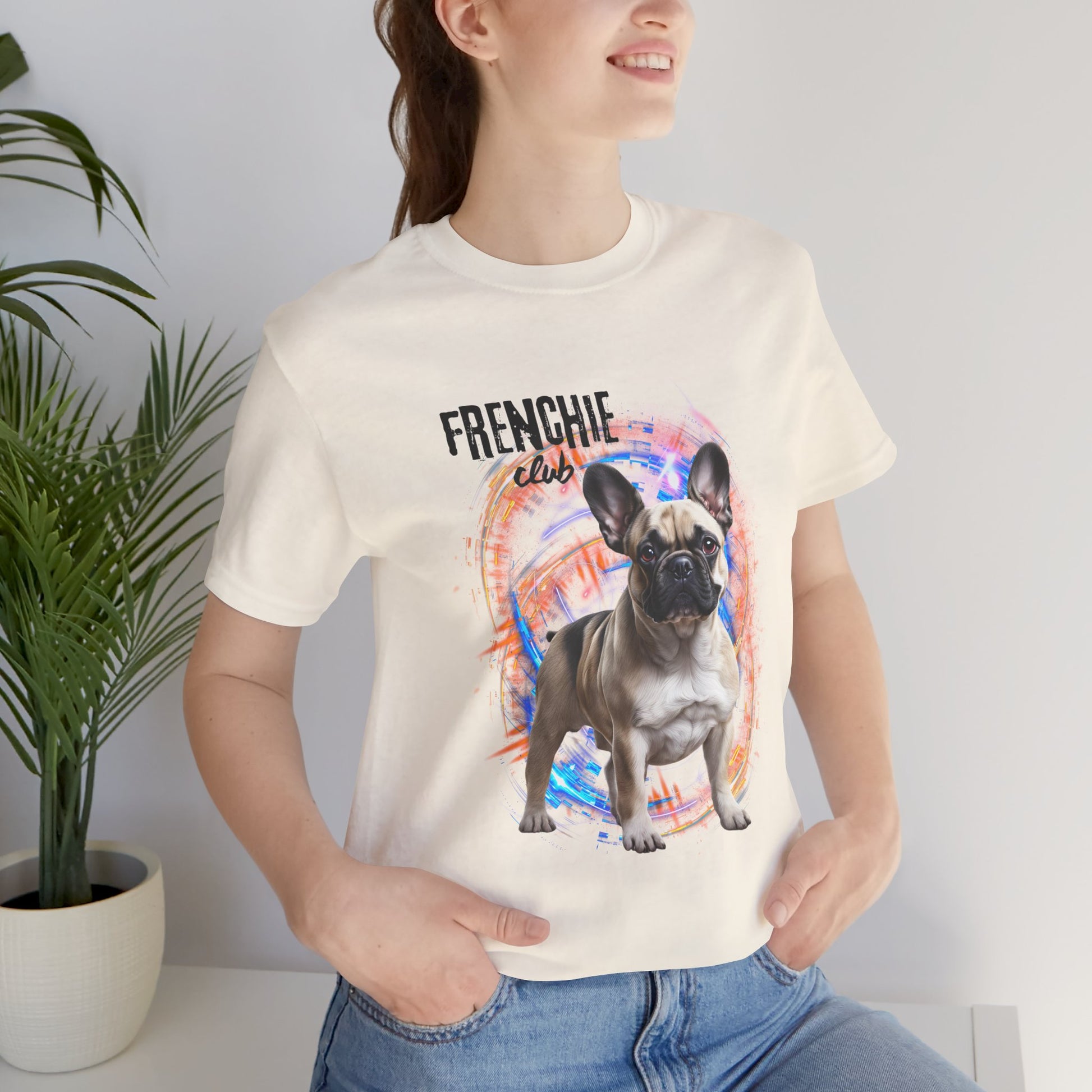Join the Frenchie Club t-shirt — White, flat lay, funny French Bulldog design by SniffWaggleNWalk™