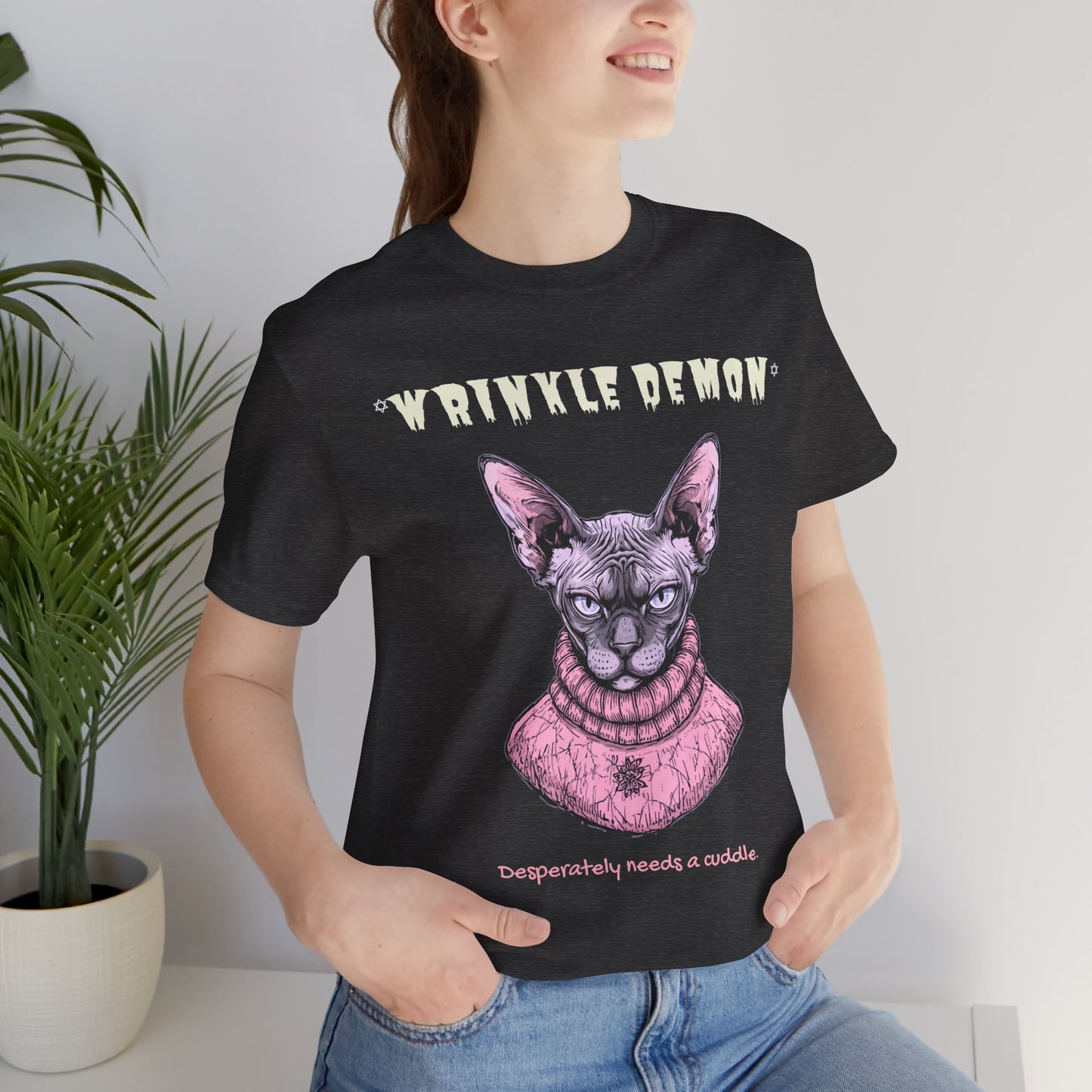 Wrinkly Demon Sphynx Cat Tee — “desperately needs a cuddle.” Graphic Cat T-Shirt