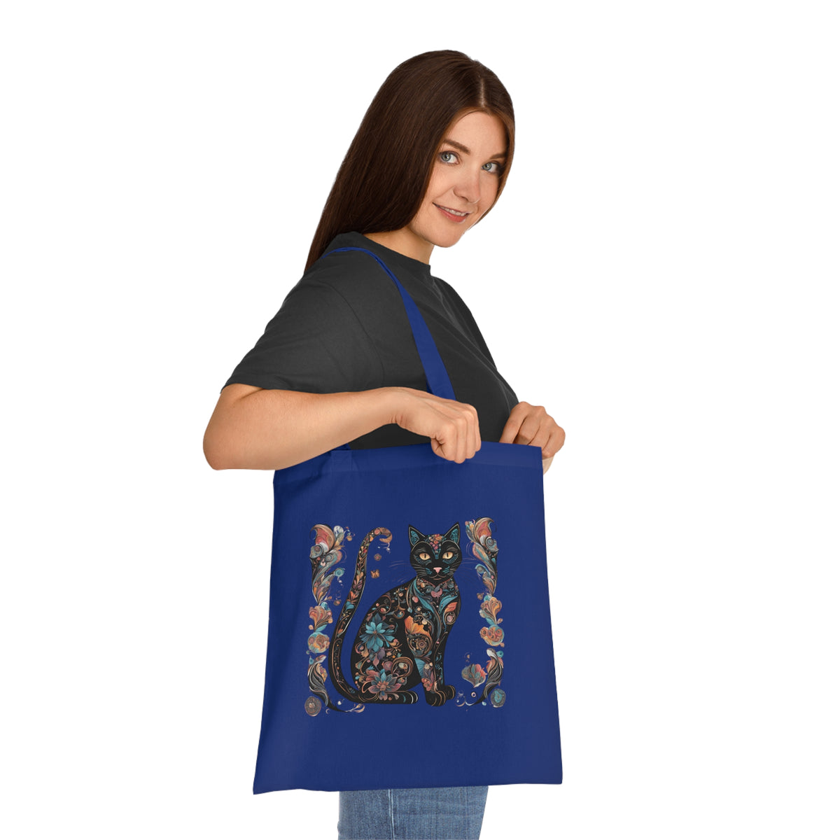 Cat design lightweight tote in lime — both sides print visible