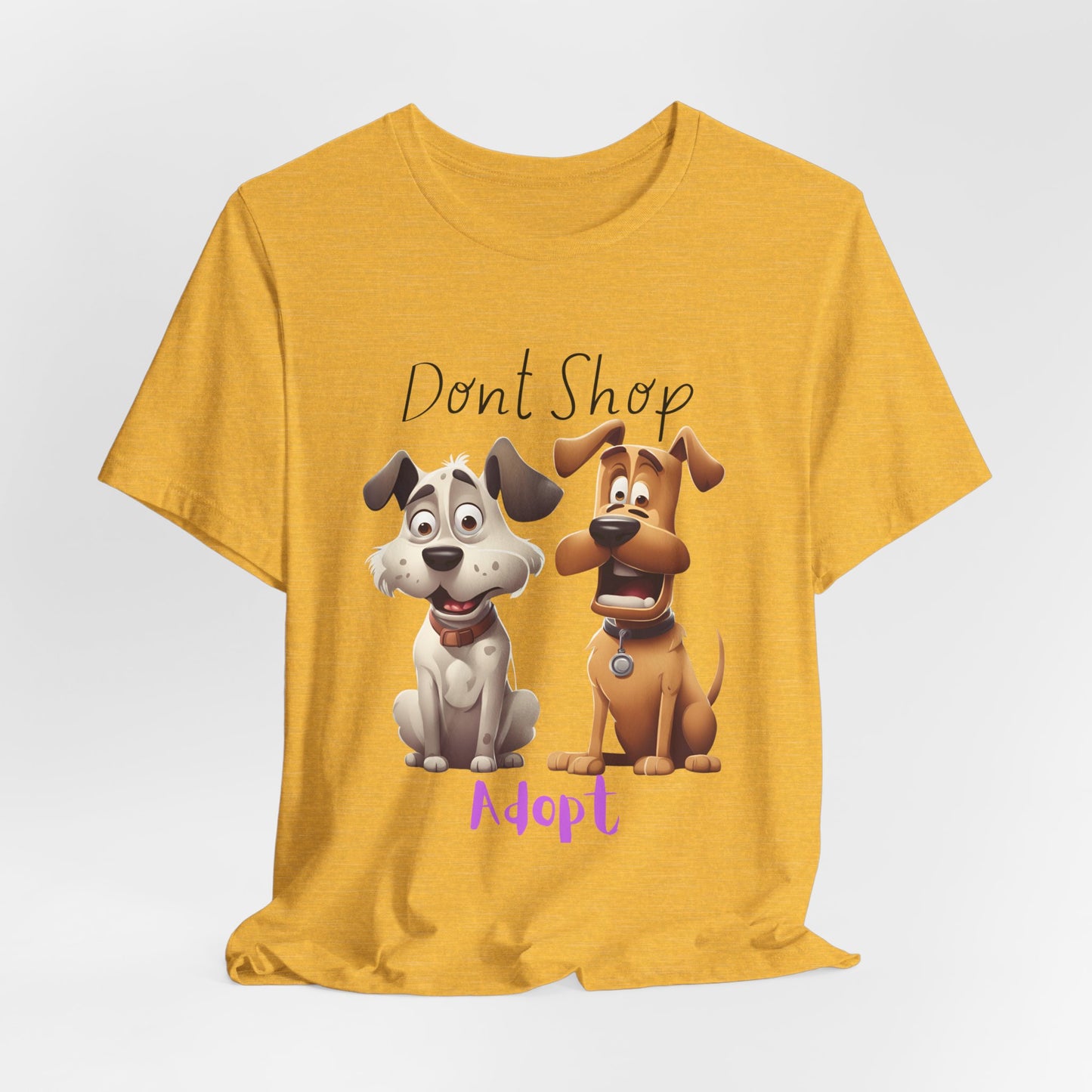 Don't Shop Adopt rescue dog t-shirt — two cartoon rescue dogs on organic cotton tee, Sniff Waggle And Walk