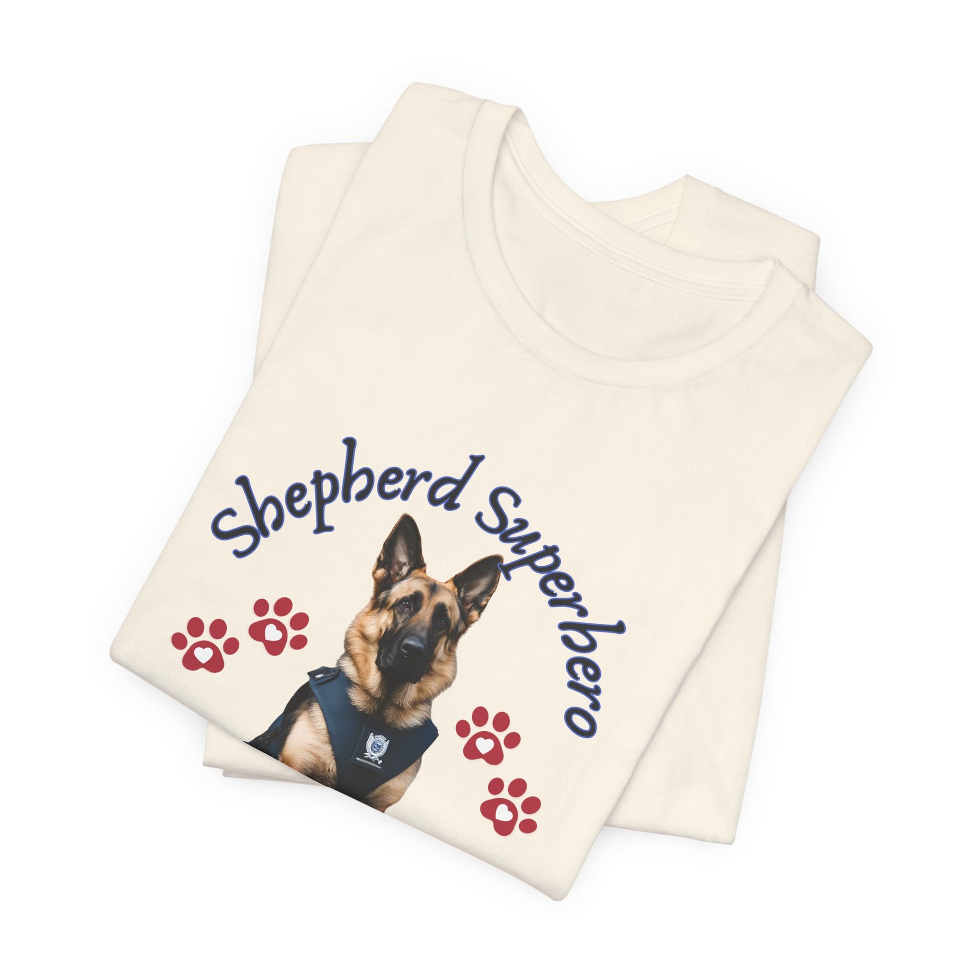 Shepherd Superhero German Shepherd t-shirt in Natural, folded view showing hero portrait print