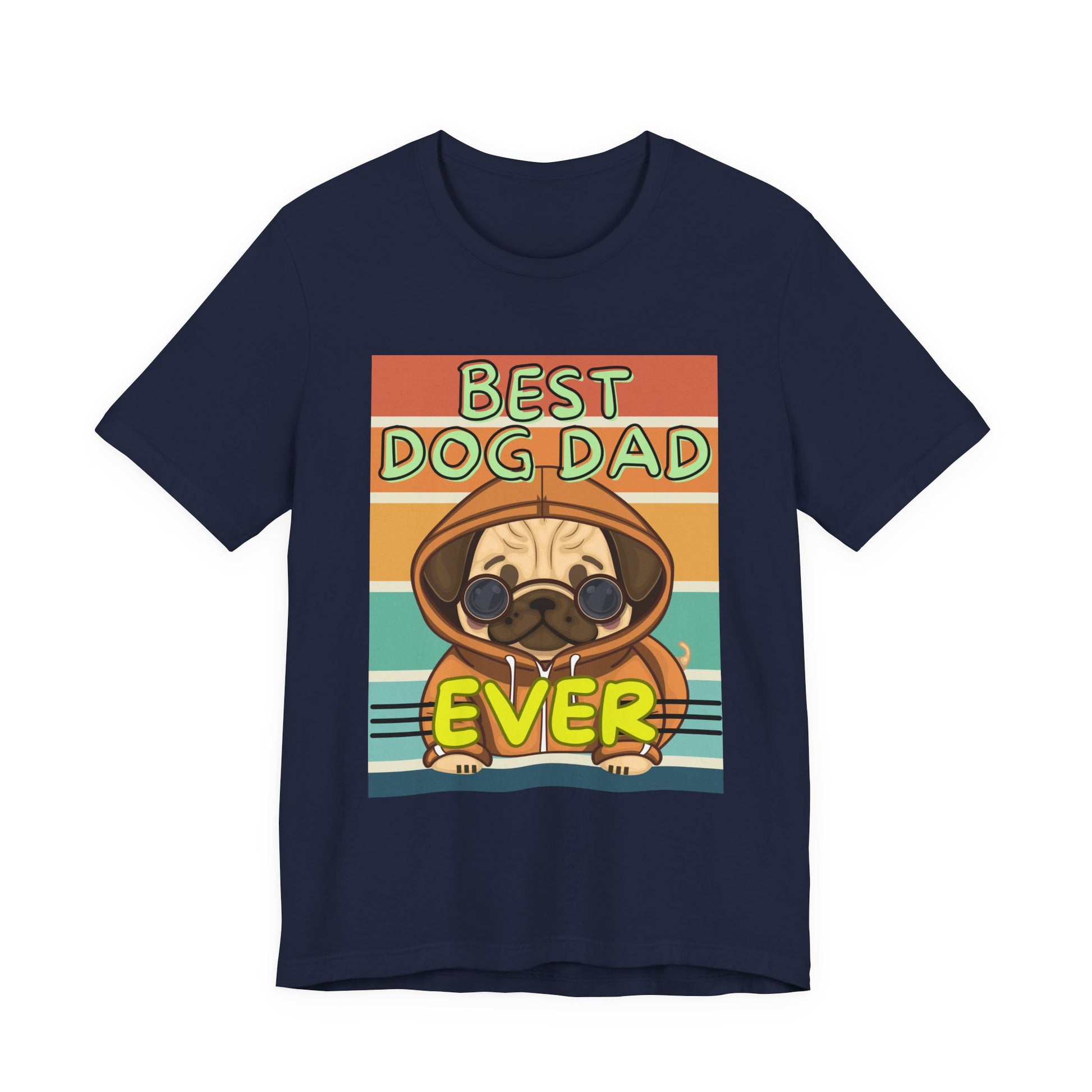 Best Dog Dad Ever T-Shirt in Navy — retro pug dog dad design with sunset stripes