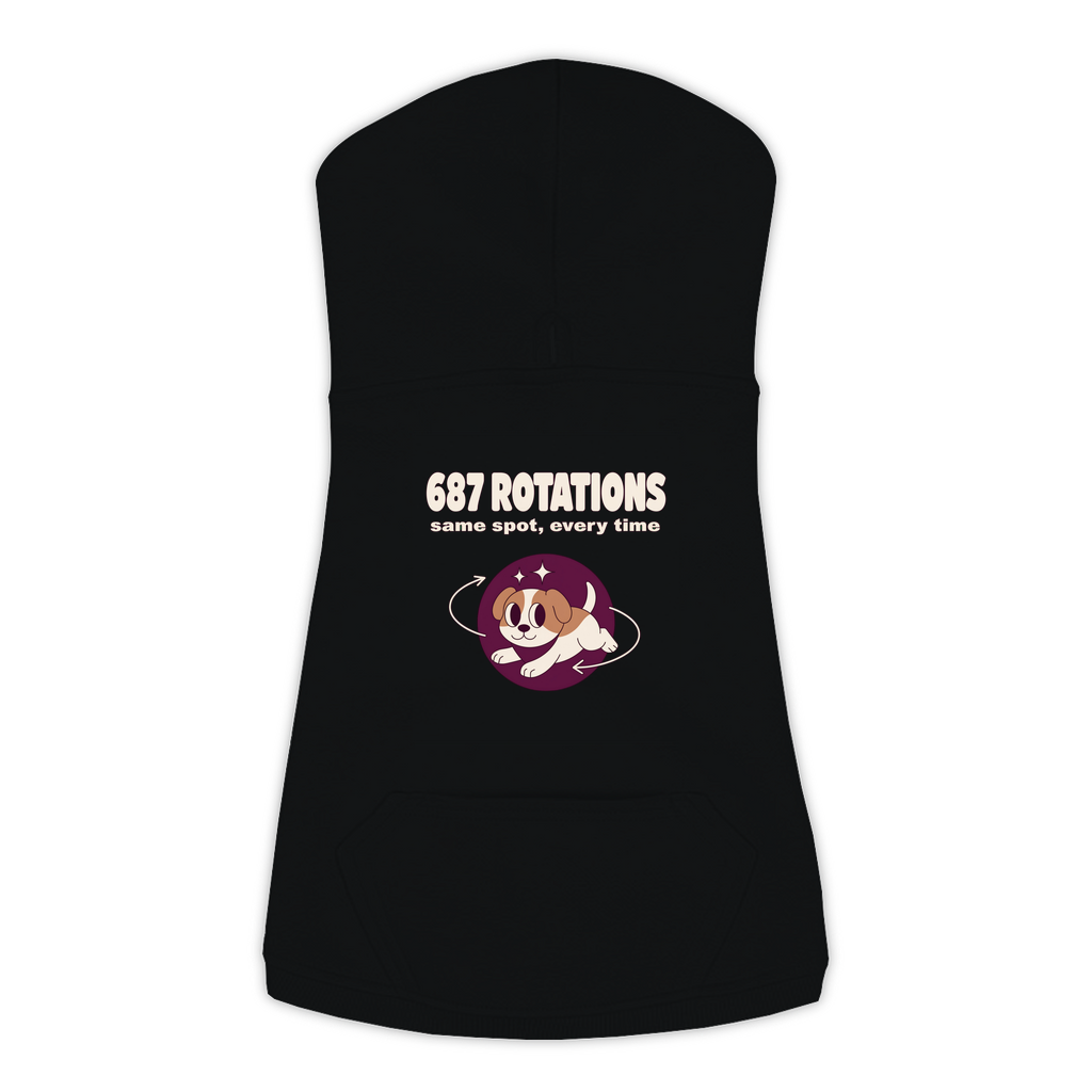 687 Rotations dog hoodie in Black — dog mid-spin with motion swirls design, sizes L to 3XL