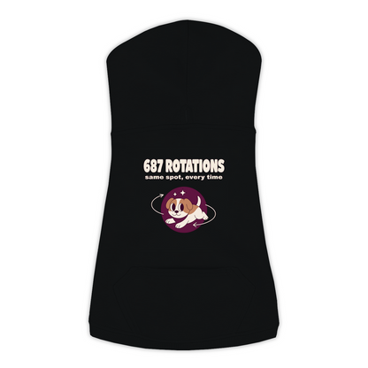 687 Rotations dog hoodie in Black — dog mid-spin with motion swirls design, sizes L to 3XL