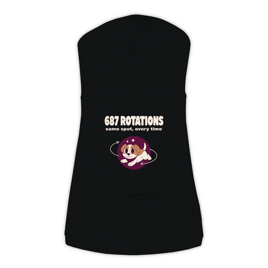 687 Rotations dog hoodie in Black — dog mid-spin with motion swirls design, sizes L to 3XL