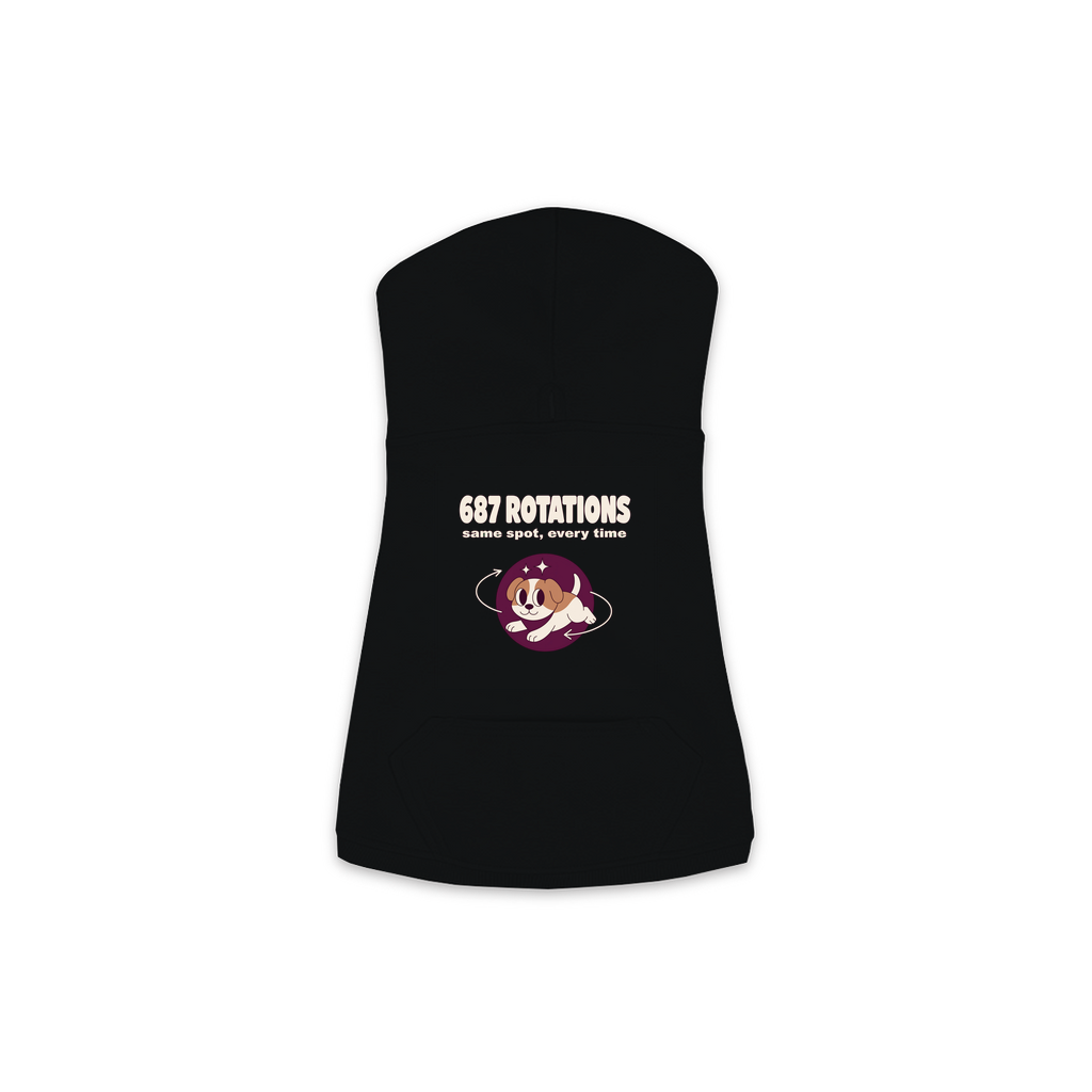 687 Rotations dog hoodie in Black — dog mid-spin with motion swirls design, sizes XS to M