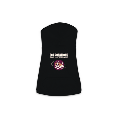 687 Rotations dog hoodie in Black — dog mid-spin with motion swirls design, sizes XS to M
