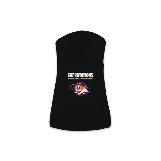 687 Rotations dog hoodie in Black — dog mid-spin with motion swirls design, sizes XS to M