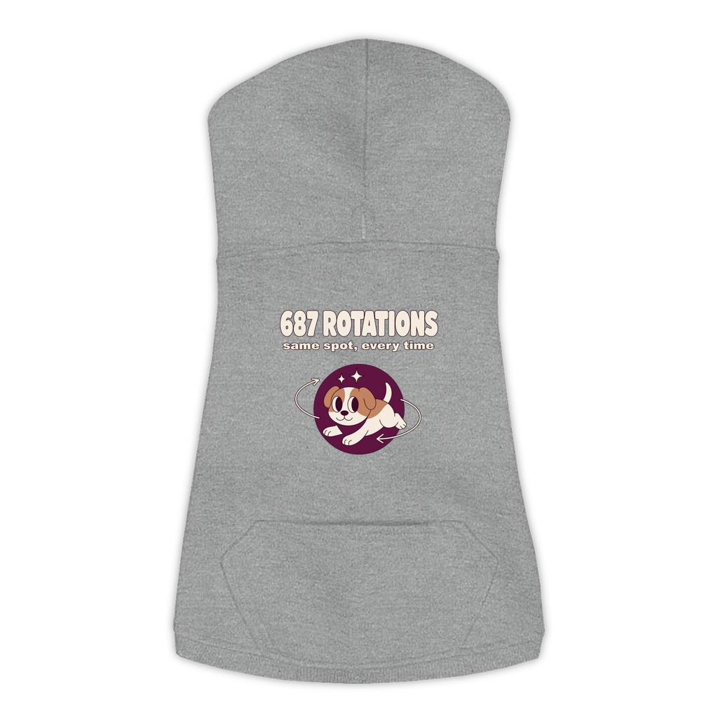 687 Rotations dog hoodie in Granite Heather — dog mid-spin with motion swirls design, sizes L to 3XL
