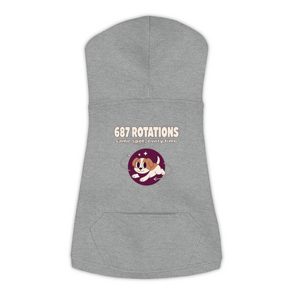 687 Rotations dog hoodie in Granite Heather — dog mid-spin with motion swirls design, sizes L to 3XL
