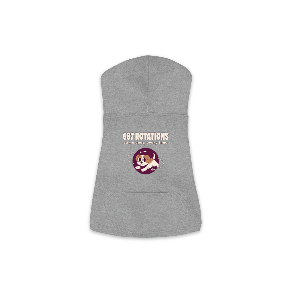 687 Rotations dog hoodie in Granite Heather — dog mid-spin with motion swirls design, sizes XS to M