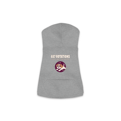 687 Rotations dog hoodie in Granite Heather — dog mid-spin with motion swirls design, sizes XS to M