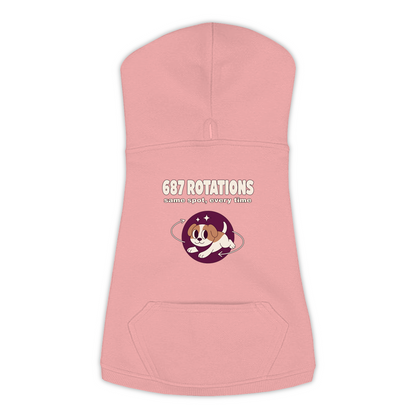 687 Rotations dog hoodie in Mauvelous — dog mid-spin with motion swirls design, sizes L to 3XL