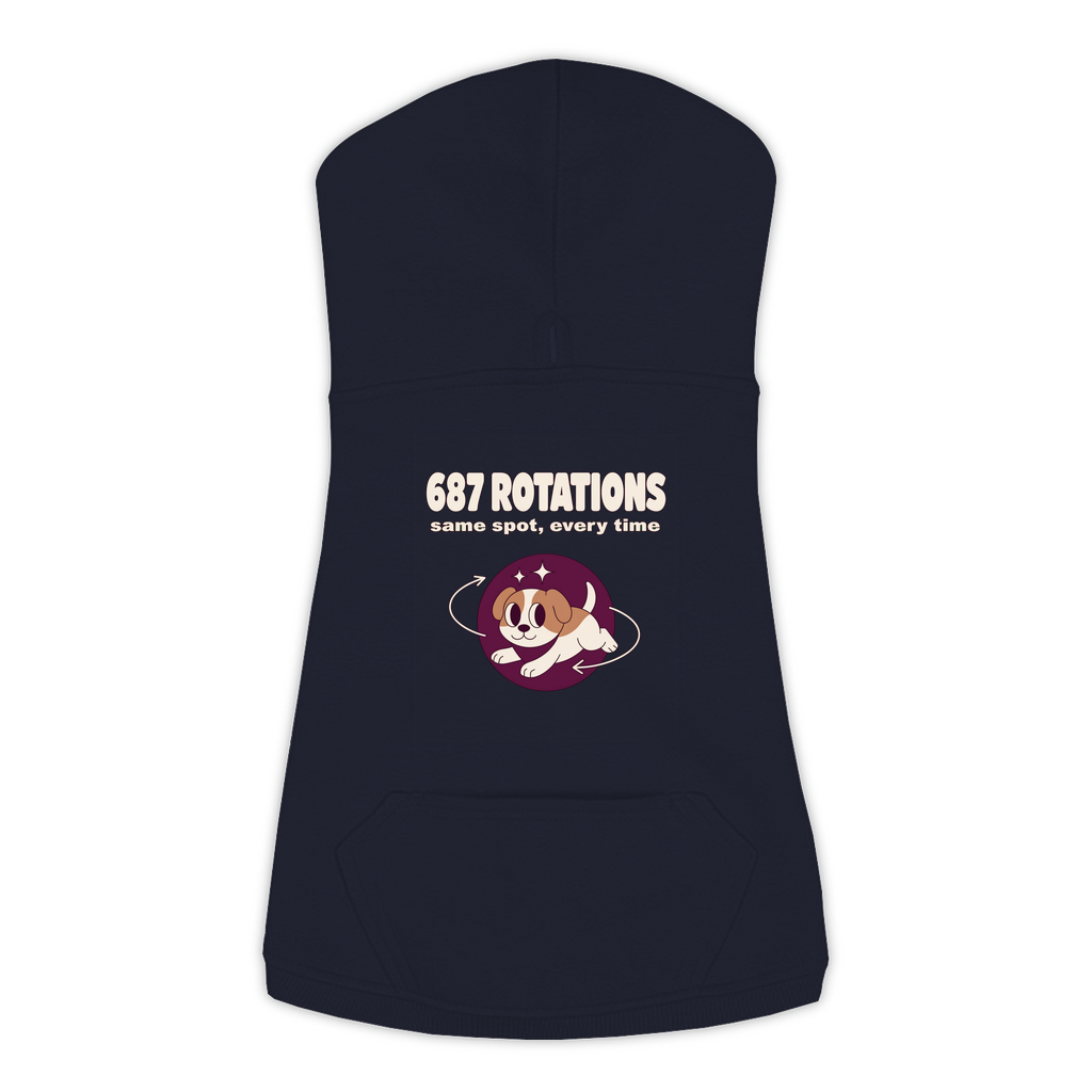 687 Rotations dog hoodie in Navy — dog mid-spin with motion swirls design, sizes L to 3XL