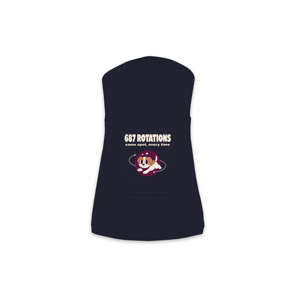 687 Rotations dog hoodie in Navy — dog mid-spin with motion swirls design, sizes XS to M