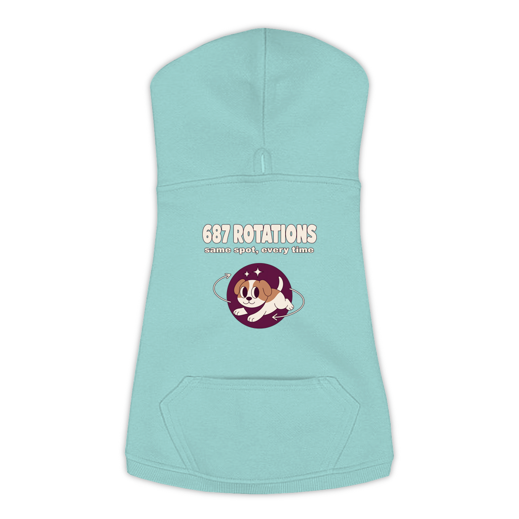 687 Rotations dog hoodie in Saltwater — dog mid-spin with motion swirls design, sizes L to 3XL