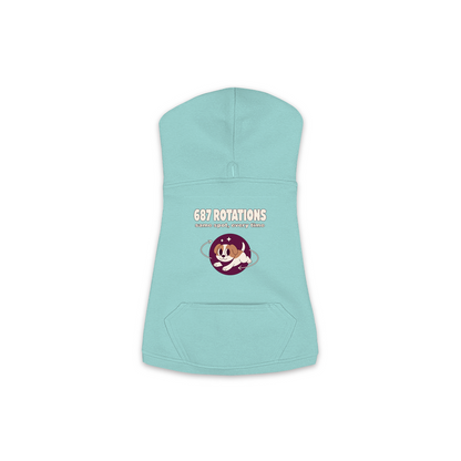 687 Rotations dog hoodie in Saltwater — dog mid-spin with motion swirls design, sizes XS to M