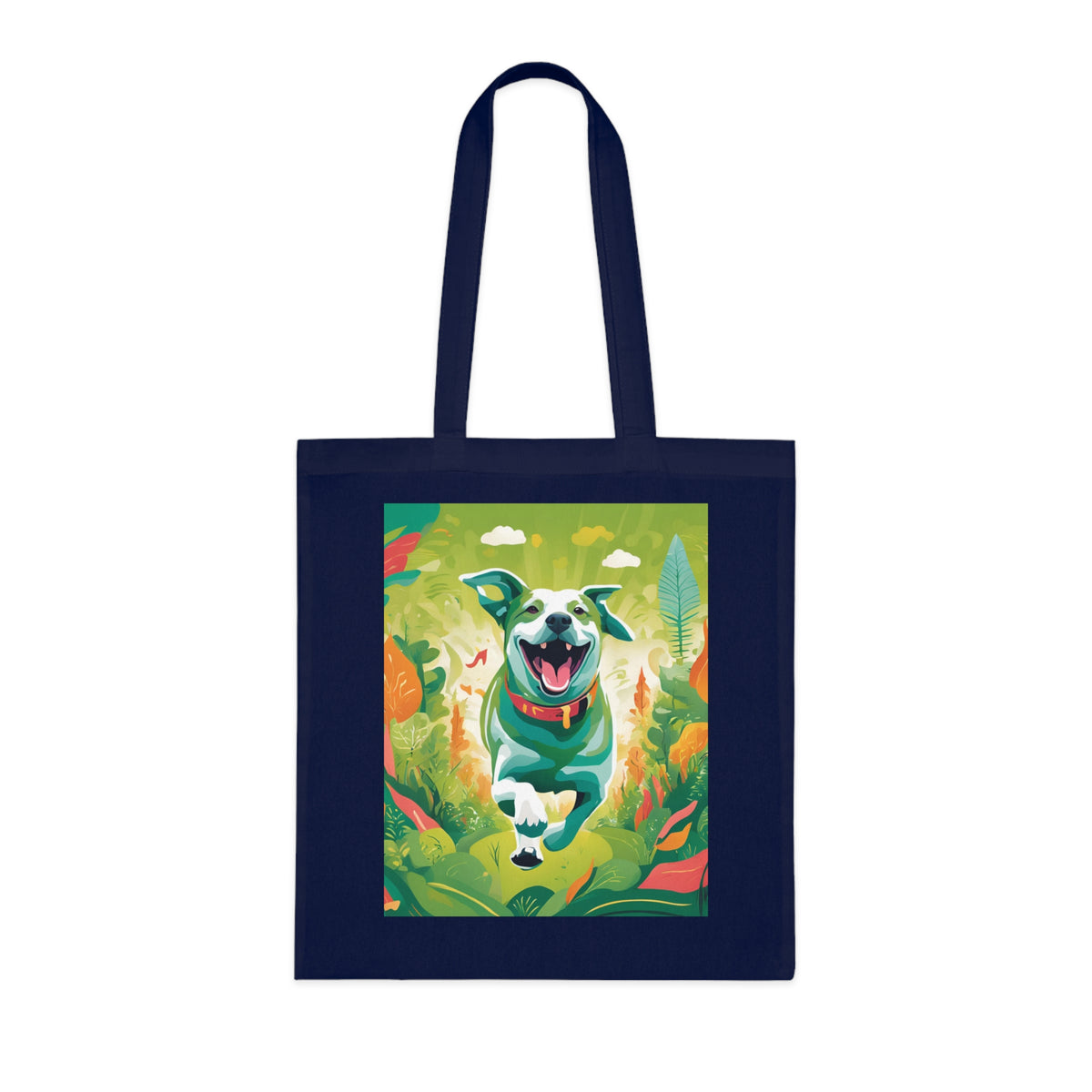 SniffWaggleNWalk™ painted dog cotton tote in royal blue — lifestyle use shot