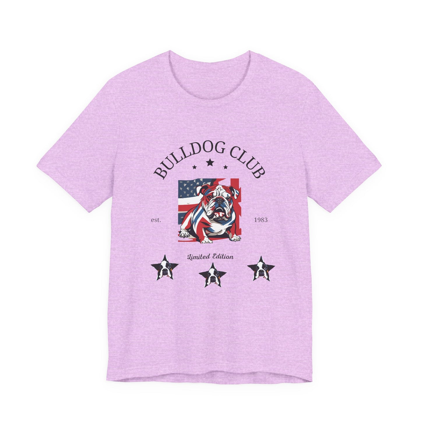 Bulldog Club t-shirt in Heather Prism Lilac — American flag bulldog graphic tee, front view