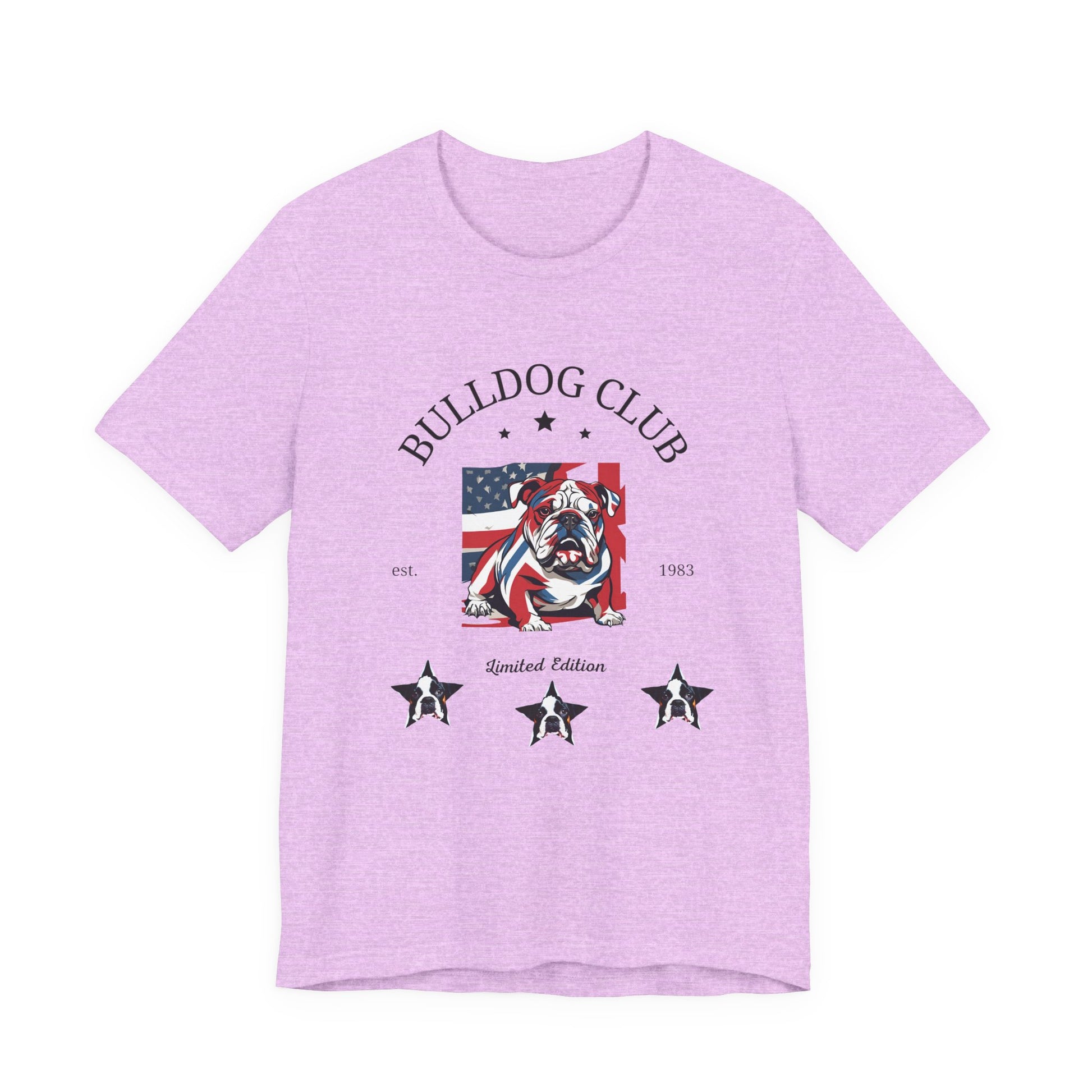 Bulldog Club t-shirt in Heather Prism Lilac — American flag bulldog graphic tee, front view